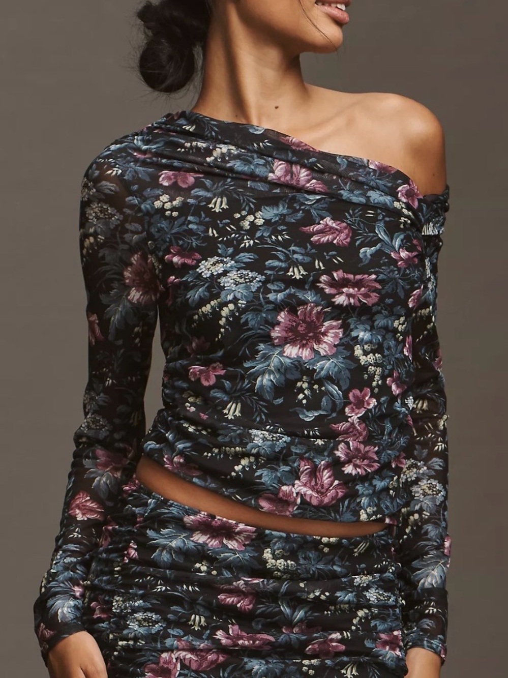 Anthropologie Black Floral Cowl-Neck Long Sleeve Top